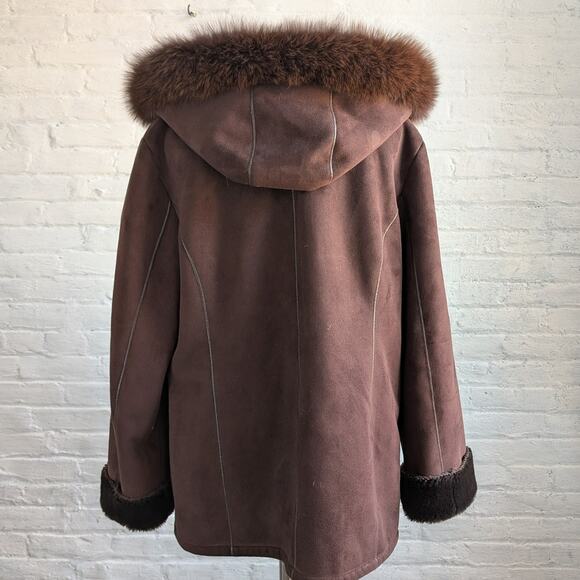 Vintage Brown Faux Suede Fox Fur Trim Coat Minimalist Mini Trench Boho Jacket - Picture 3 of 10